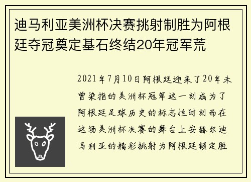 迪马利亚美洲杯决赛挑射制胜为阿根廷夺冠奠定基石终结20年冠军荒