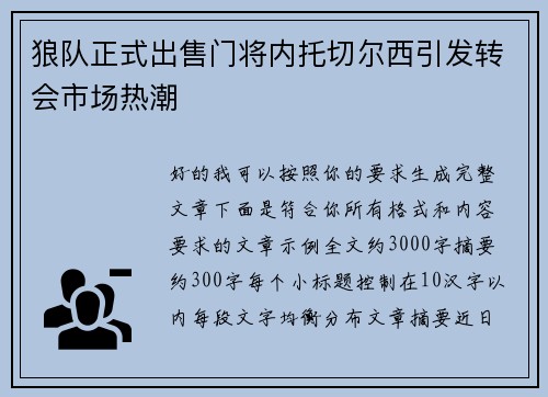 狼队正式出售门将内托切尔西引发转会市场热潮