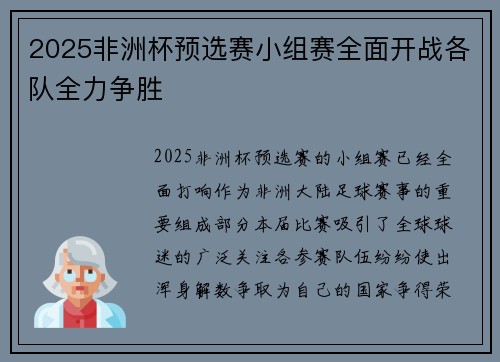 2025非洲杯预选赛小组赛全面开战各队全力争胜